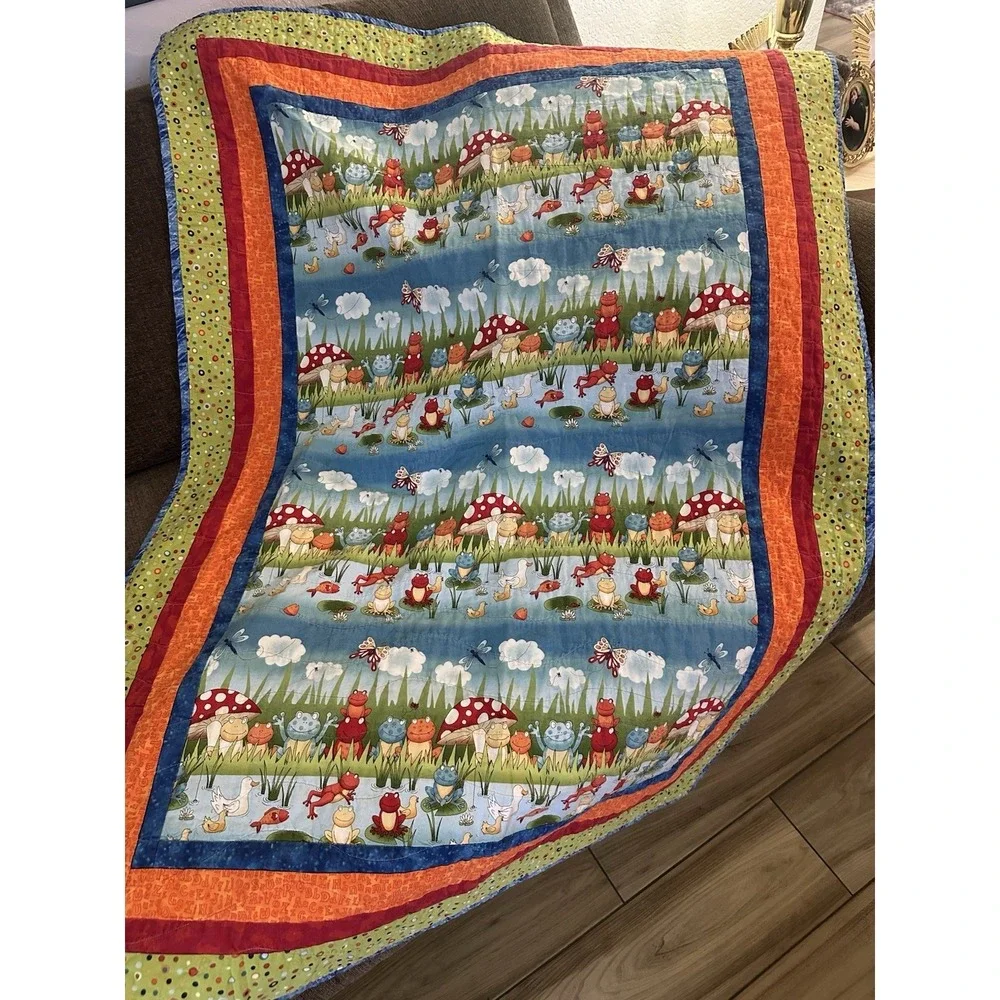 Handmade Vintage Quilt Baby/Toddler Wall Hanging Mushrooms, Frogs Butterflies